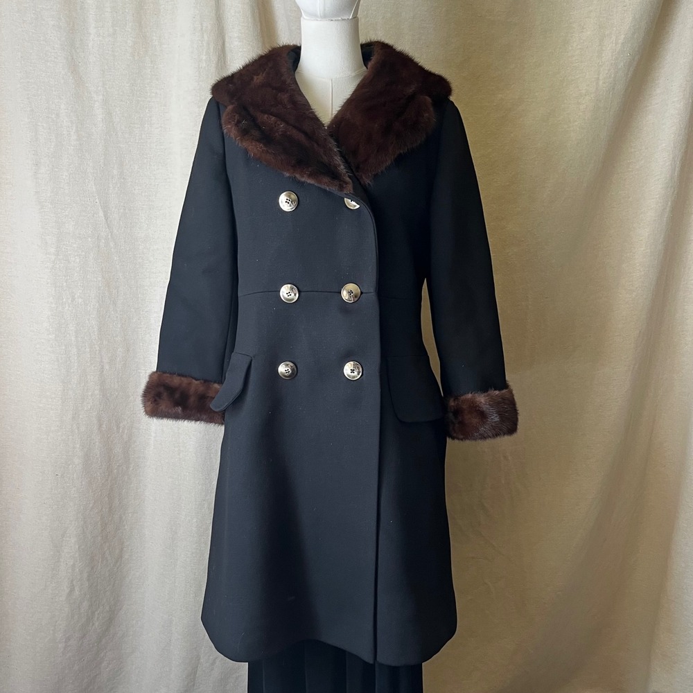 Vintage 1960s Black Coat Genuine Mink Fur Collar Cuffs ILGWU Union Made USA XS/S